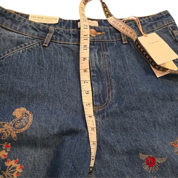 ZARA the New Culotte Embroidered Beaded Raw Hem Straight Leg‎ Jeans Sz Large New - Picture 9 of 16